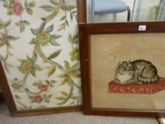 Two vintage framed tapestries - one of a kitten, the other still life