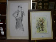 Russian School print - jester, indistinctly signed, 40 x 30 cms and a fashion etching