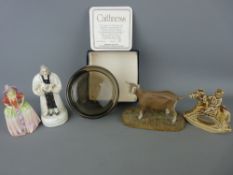Small Staffs figure, Royal Doulton figure A/F and other figures and a boxed Caithness paperweight