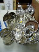Fine parcel of electroplate including egg coddler with spirit heater, wine coasters etc