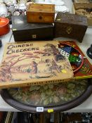 Carved jewellery box, writing slope, small workbox, tapestry tray, boxed pagoda, Chinese chequers