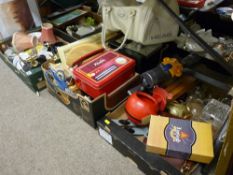 Four boxes of mixed glassware, porcelain, household items, Dyson vac, Sony stereo etc