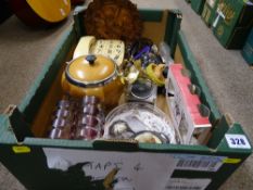 Box of miscellaneous household and decorative items including a treen biscuit barrel, retro