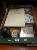 Box of mixed items including commemorative publication, prints, porcelain etc