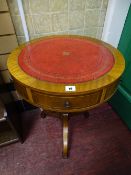 Drum shaped leather tooled top occasional table