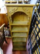 Gate leg drop leaf oak? table and a pine multi-shelf slim unit with acorn carvings