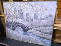 LEE REYNOLDS large modern framed oil on canvas - city scape of Central Park, New York City, 123 x