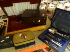 Cutlery box (empty), small mother of pearl inlaid box, vintage tins, flatware together with