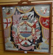 Mizpah tapestry and embroidered screen having central life buoy with depiction of cross and boat