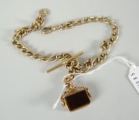 9ct gold flat curb link double Albert T-bar chain with revolving blood stone fob, 57grams overall