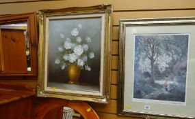 SALLY BENSON gilt framed oil on canvas - still life, signed together with a framed print Condition