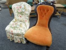 An antique button back spoon-back ladies chair and another bedroom chair Condition reports