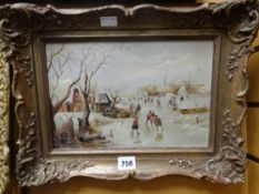 NINETEENTH CENTURY DUTCH SCHOOL oil on board - winter scene with multiple ice skating figures,