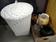 A modern white painted linen basket, toilet roll holder, bin ETC together with a collection of glass