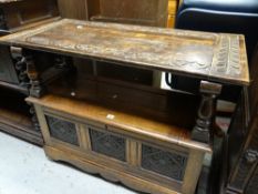 A good carved oak antique monk's bench (please take care - top loose and precarious), 106cms wide