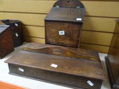 A nineteenth century oak candle box and similar period cutlery box with twin-lidded compartments