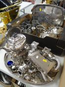 EPNS spirit kettle, galleried tray, sauce tureens, pewter tankards ETC Condition reports provided on