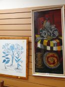 Framed oil on board - still life with bottles and jugs on a table and a botanical print Condition