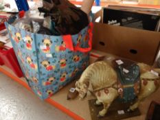 A bag of various material, off cuts, lace edging, stoneware water bottle, cobbler's last ETC