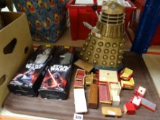 Two boxed Star Wars figures - Storm Trooper and Kyloren, Dalek model, doll's house furniture ETC