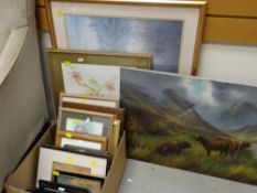 A parcel of framed prints and pictures together with an unframed oil of cattle grazing (A/F)