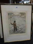 HENRY WILKINSON limited edition (42/75) coloured etching - fisherman wading in a river in red jacket