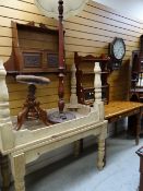 A parcel of furniture to include hanging trinket shelf with carved cupboards, honey pine table