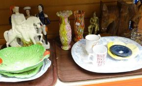 Two trays of assorted china, glass to include Staffordshire flat backs, marbled glass vases, Beswick