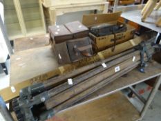 A good vintage wooden surveyors folding tripod and sundry related equipment in cases and uncased