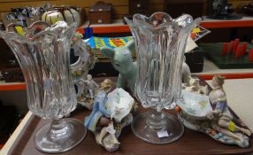Tray of mixed china including a Belgian Art Nouveau vase, continental figures, glass vases ETC