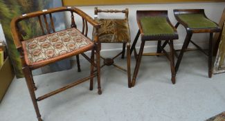 A delicate antique bent-wood stool with peacock feather upholstered seat and another with