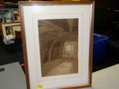 MONOGRAMMED watercolour - interior of perhaps old mill with wooden beams, monogrammed bottom