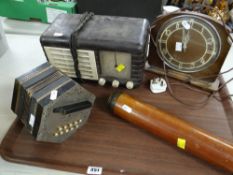 Vintage Bakelite radio, Smith's mantel clock, small accordion and a telescope and vintage model