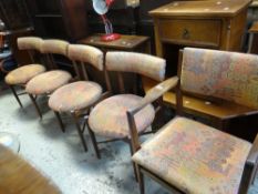 Set of five vintage dark teak G-Plan dining chairs, padded circular seats and curved backs