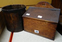 A nineteenth century salt box together with a circular wooden metal banded gallon measure pot