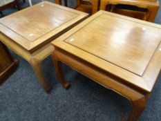 Pair of square hardwood coffee / side tables Condition reports provided on request by email for this