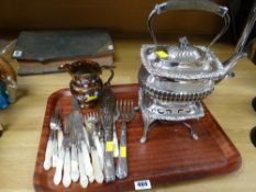 An EPNS spirit kettle and stand, fish servers, loose flatware and lustre jug Condition reports