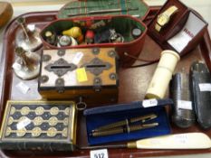 Small wooden casket -style money box containing quantity of vintage military badges, cased