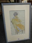 TWENTIETH CENTURY BRITISH SCHOOL pen and watercolour study - contemplating seated figure, 34 x 20cms