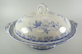 A South Wales pottery blue and white transfer lidded-tureen in the Persian Rose pattern, with twin