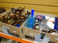 A box of copper lustre and box of mixed pottery and glassware ETC Condition reports provided on