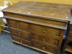 Antique oak low boy with hinged top and bank of six drawers, 84cms high Condition reports provided
