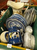 A mixed lot of pottery including blue & white transfer plates, antique ironstone part dinner set,