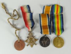 A trio of WWI medals together with a dog tag in relation to Pte F James Royal Welsh Fusiliers