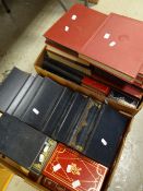 Two boxes of furnishing books with fancy spines including Winston Churchill volumes, encyclopedia