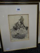 HENRY WILKINSON limited edition (8/25) coloured etching - two fisherman in a boat reeling in a