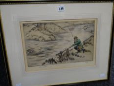 HENRY WILKINSON limited edition (68/75) coloured etching - fly fisherman on a bank in red tunic,
