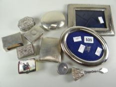 A parcel of small items including silver powder case, two picture fames, silver cigarette-case,
