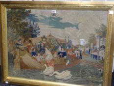 A nineteenth century needlework sampler of King Charles and family in a gondola with numerous