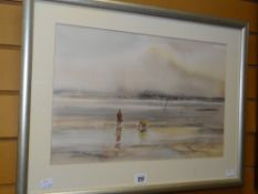 KATHLEEN SANDBACH watercolour - cockle pickers, label verso entitled 'Old Oyster Beds, Brittany',